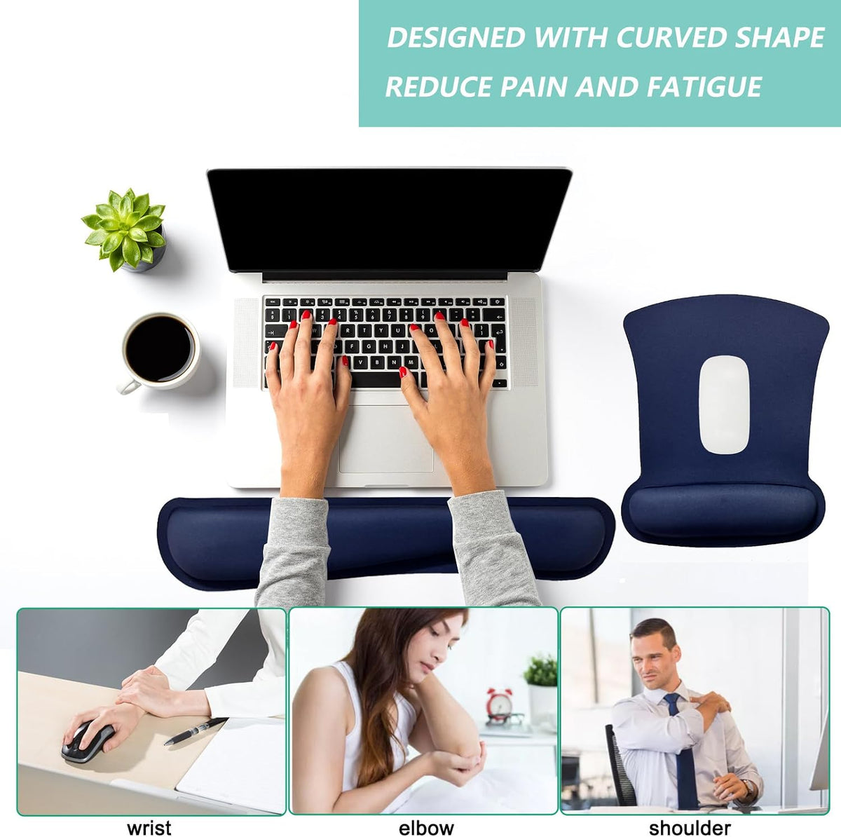Keyboard Wrist Rest Pad Mouse Pad with Wrist Support Set of 3, Gaming Mousepad with Non-Slip Rubber Base, Ergonomic Memory Foam Mouse Cushion Support for Home Office Laptop Computer, Navy Blue