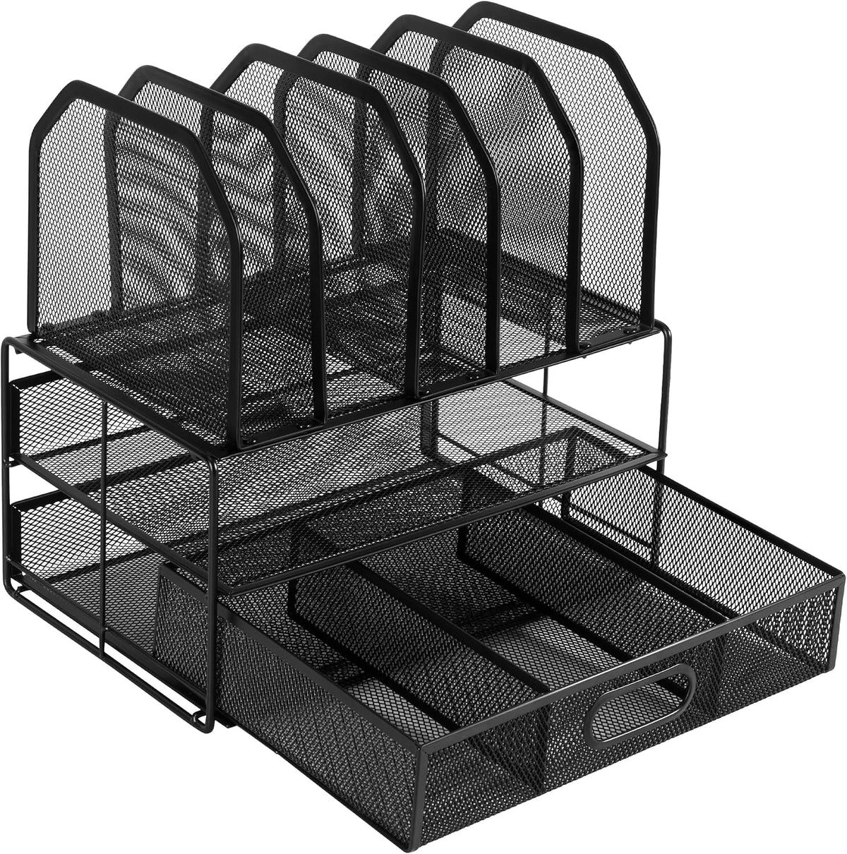 Mesh Desk Organizer with Sliding Drawer, Double Tray and 5 Upright Sections, File Holder for Office Supplies, Paper Letter Tray, Black