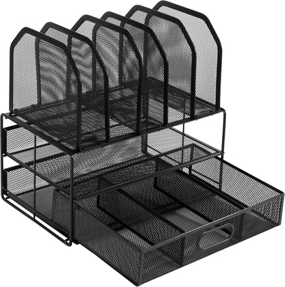 Mesh Desk Organizer with Sliding Drawer, Double Tray and 5 Upright Sections, File Holder for Office Supplies, Paper Letter Tray, Black