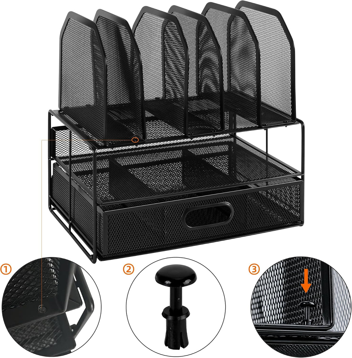 Mesh Desk Organizer with Sliding Drawer, Double Tray and 5 Upright Sections, File Holder for Office Supplies, Paper Letter Tray, Black