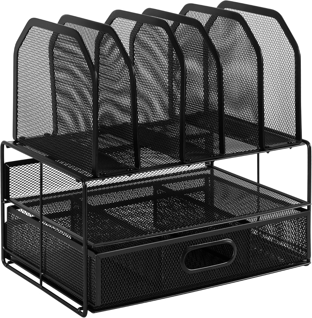 Mesh Desk Organizer with Sliding Drawer, Double Tray and 5 Upright Sections, File Holder for Office Supplies, Paper Letter Tray, Black
