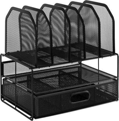 Mesh Desk Organizer with Sliding Drawer, Double Tray and 5 Upright Sections, File Holder for Office Supplies, Paper Letter Tray, Black