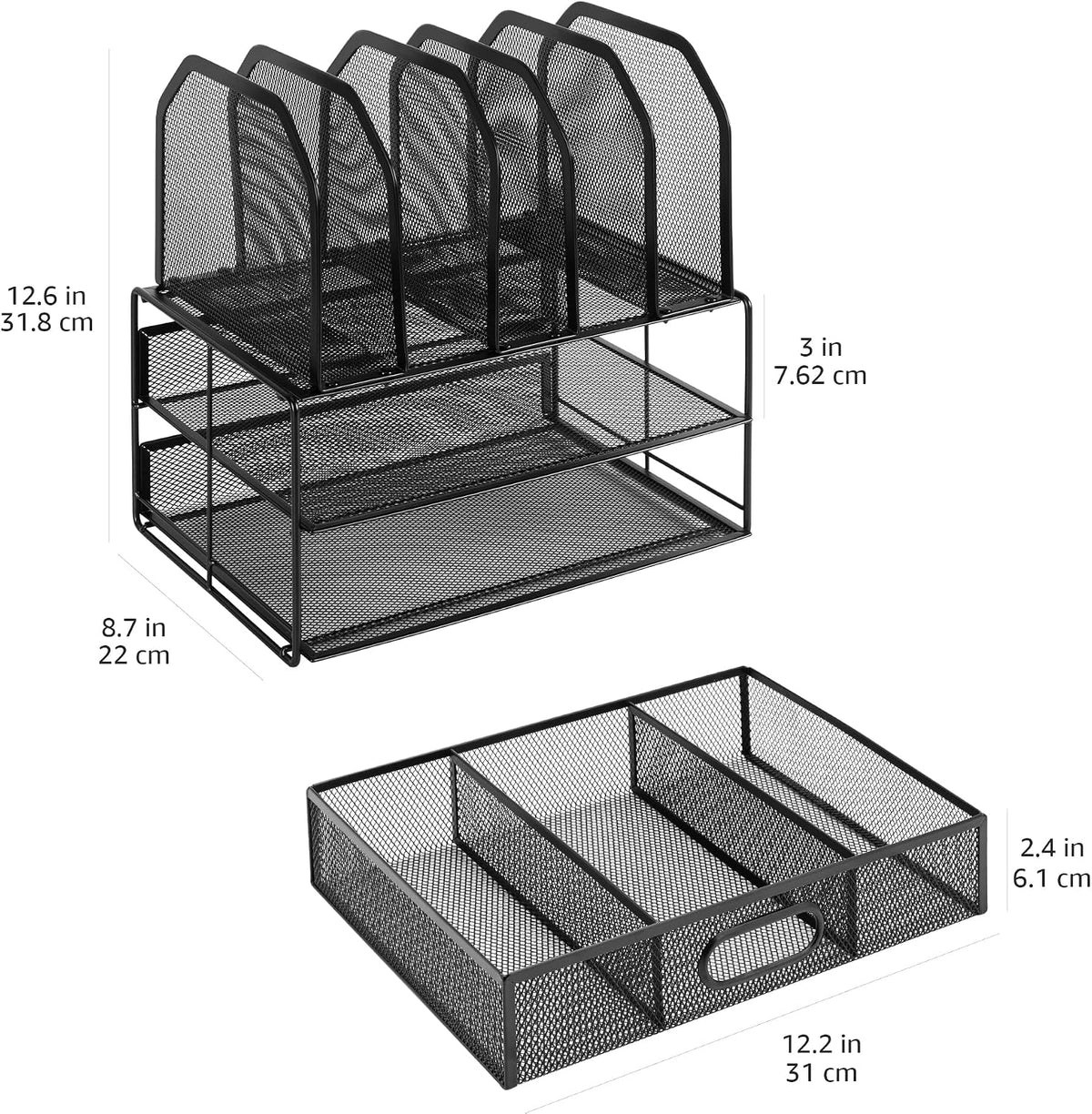 Mesh Desk Organizer with Sliding Drawer, Double Tray and 5 Upright Sections, File Holder for Office Supplies, Paper Letter Tray, Black