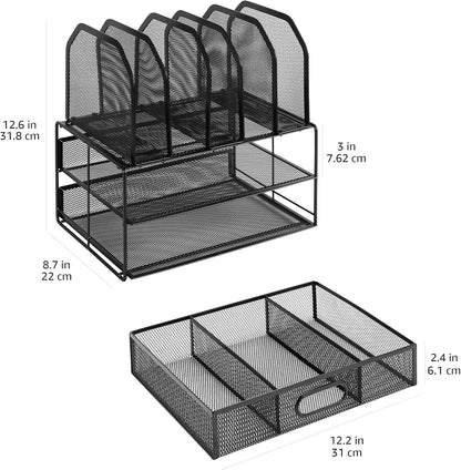 Mesh Desk Organizer with Sliding Drawer, Double Tray and 5 Upright Sections, File Holder for Office Supplies, Paper Letter Tray, Black