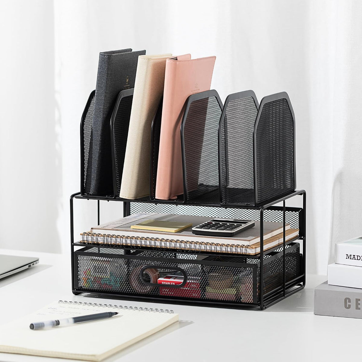 Mesh Desk Organizer with Sliding Drawer, Double Tray and 5 Upright Sections, File Holder for Office Supplies, Paper Letter Tray, Black