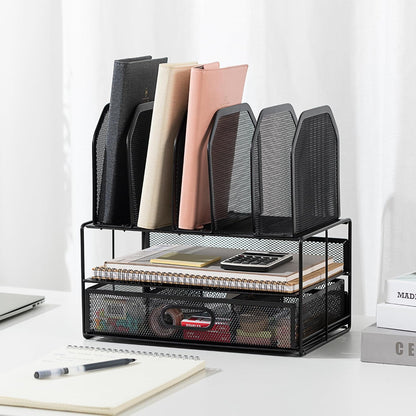 Mesh Desk Organizer with Sliding Drawer, Double Tray and 5 Upright Sections, File Holder for Office Supplies, Paper Letter Tray, Black