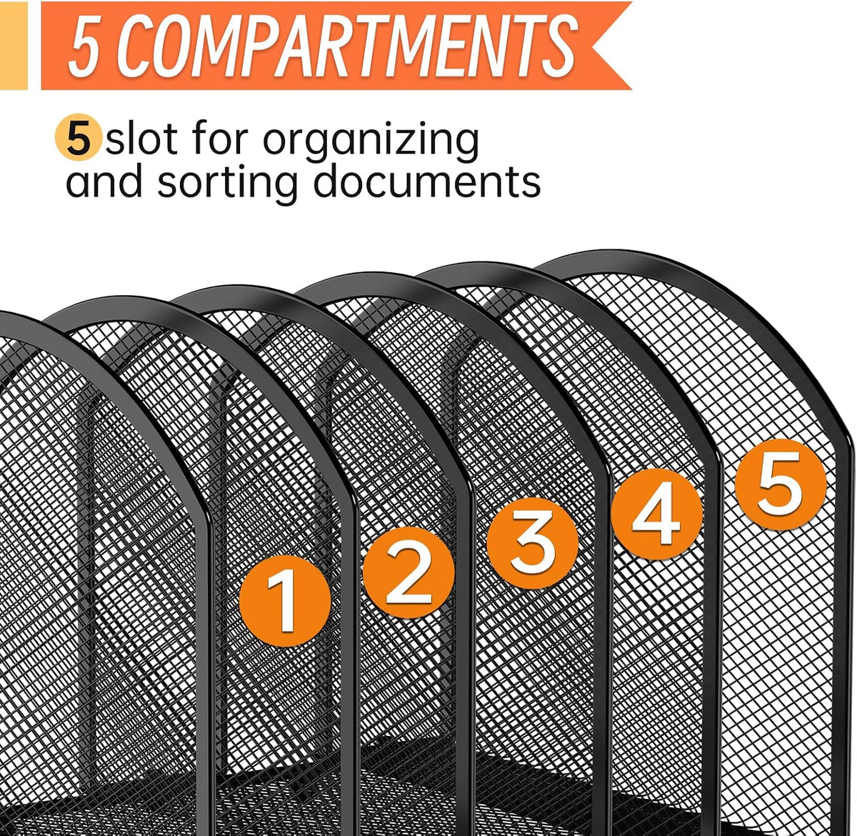 5-Section Desk File Organizer, Vertical Desktop File Holder Mail Sorter File Folder Holder Organization for Office School & Classroom (Black)