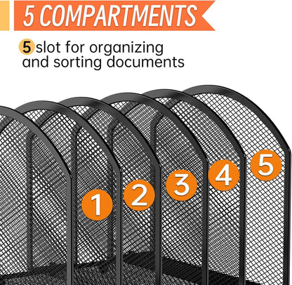 5-Section Desk File Organizer, Vertical Desktop File Holder Mail Sorter File Folder Holder Organization for Office School & Classroom (Black)
