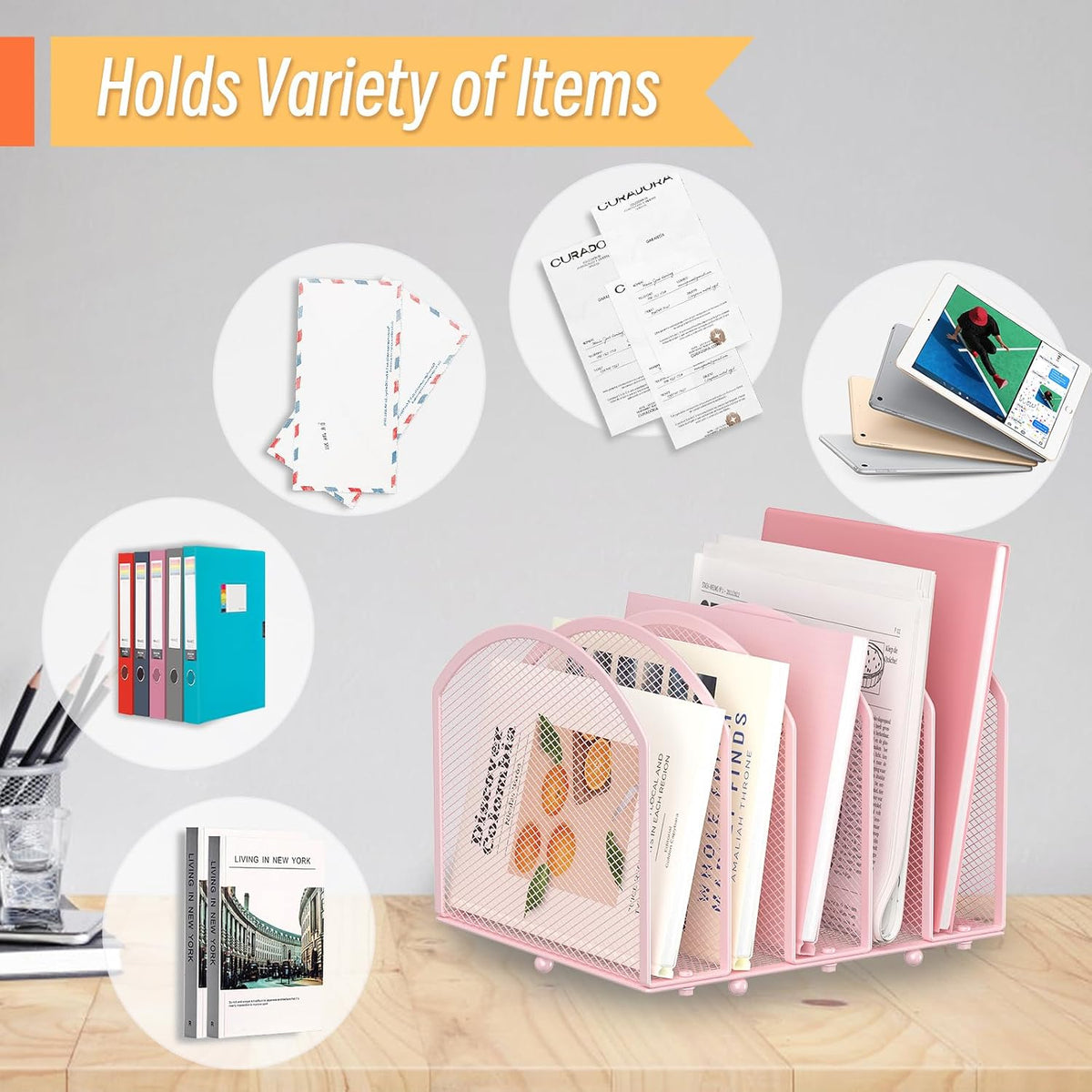 5-Section Desk File Organizer, Vertical Desktop File Holder Mail Sorter File Folder Holder Organization for Office School & Classroom (Black)