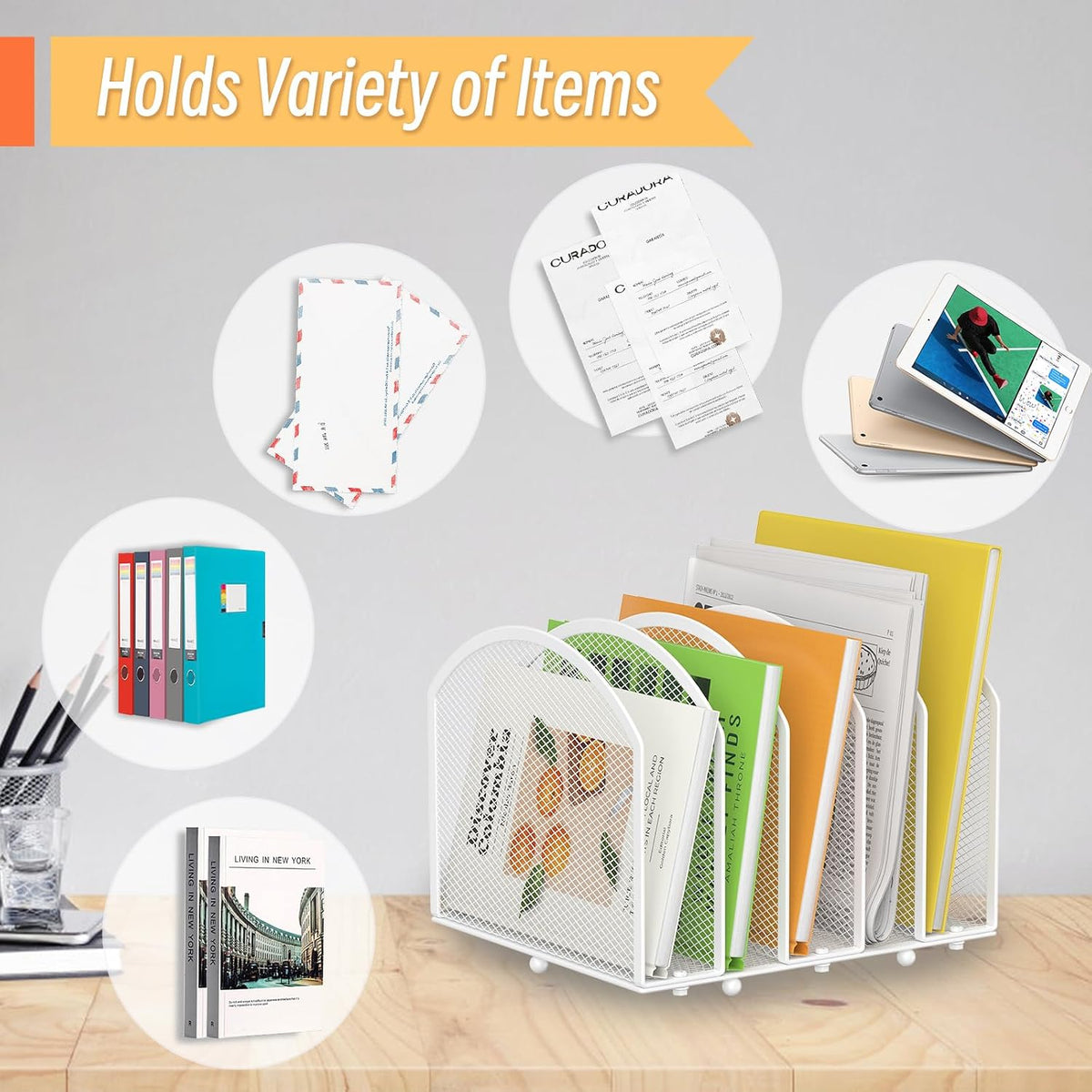 5-Section Desk File Organizer, Vertical Desktop File Holder Mail Sorter File Folder Holder Organization for Office School & Classroom (Black)