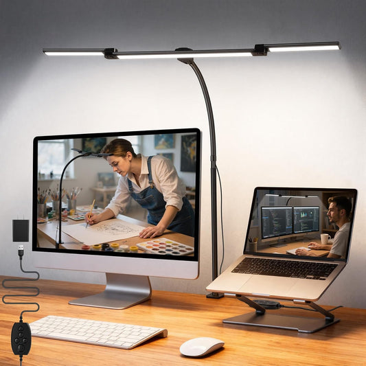LED Desk Lamp for Office Home, 3 Head Adjustable Desk Light with Adapter