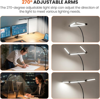 LED Desk Lamp for Office Home, 3 Head Adjustable Desk Light with Adapter