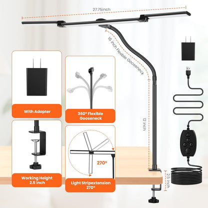 LED Desk Lamp for Office Home, 3 Head Adjustable Desk Light with Adapter