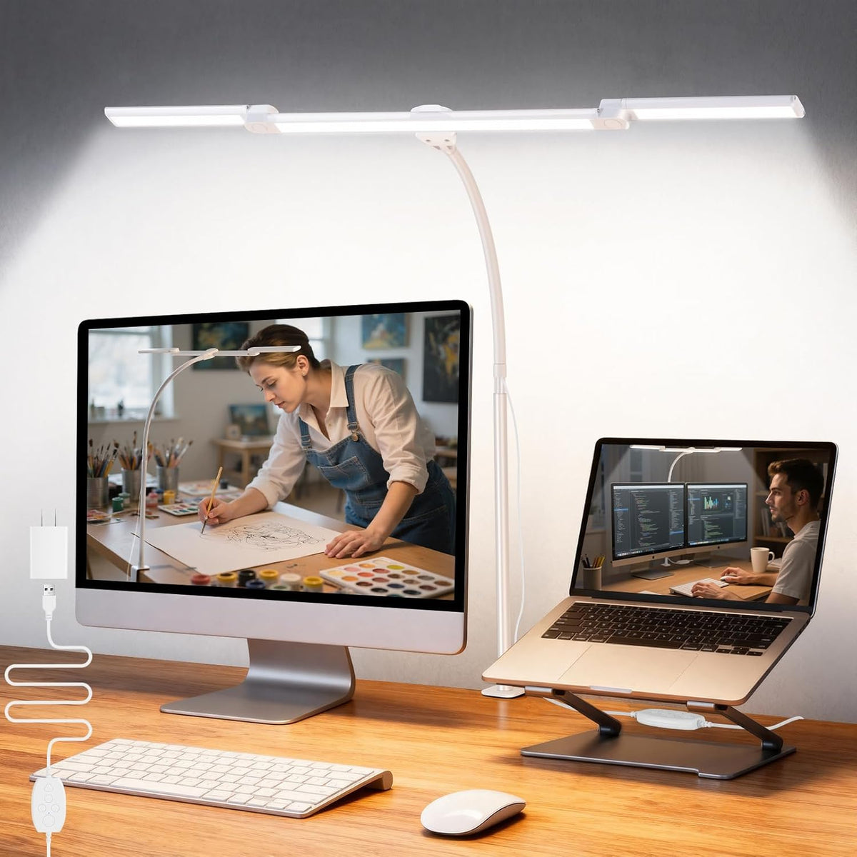 LED Desk Lamp for Office Home, 3 Head Adjustable Desk Light with Adapter