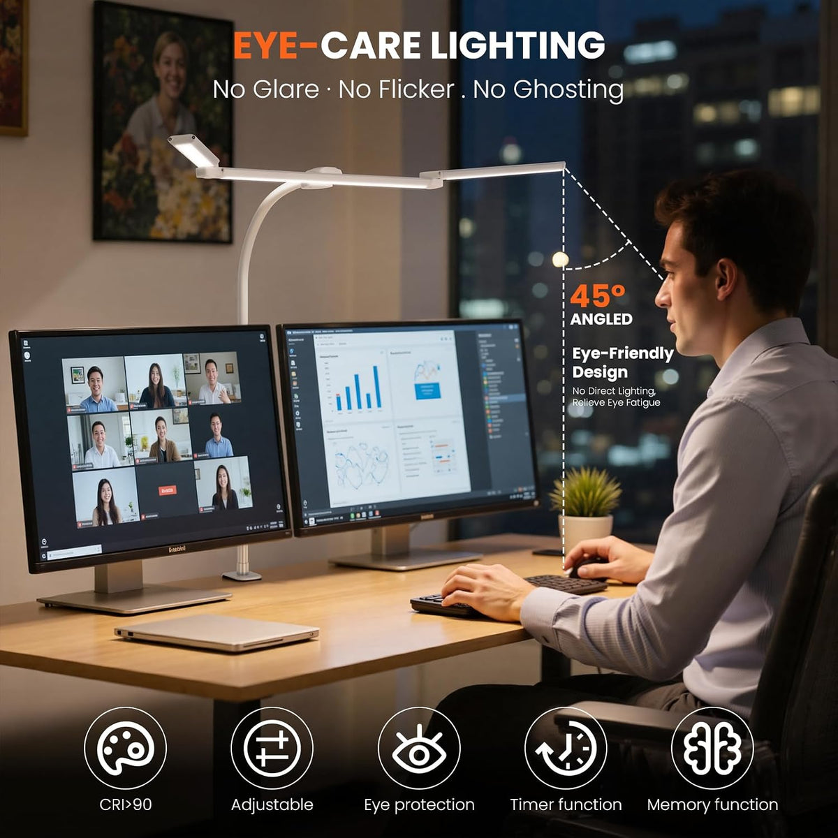 LED Desk Lamp for Office Home, 3 Head Adjustable Desk Light with Adapter