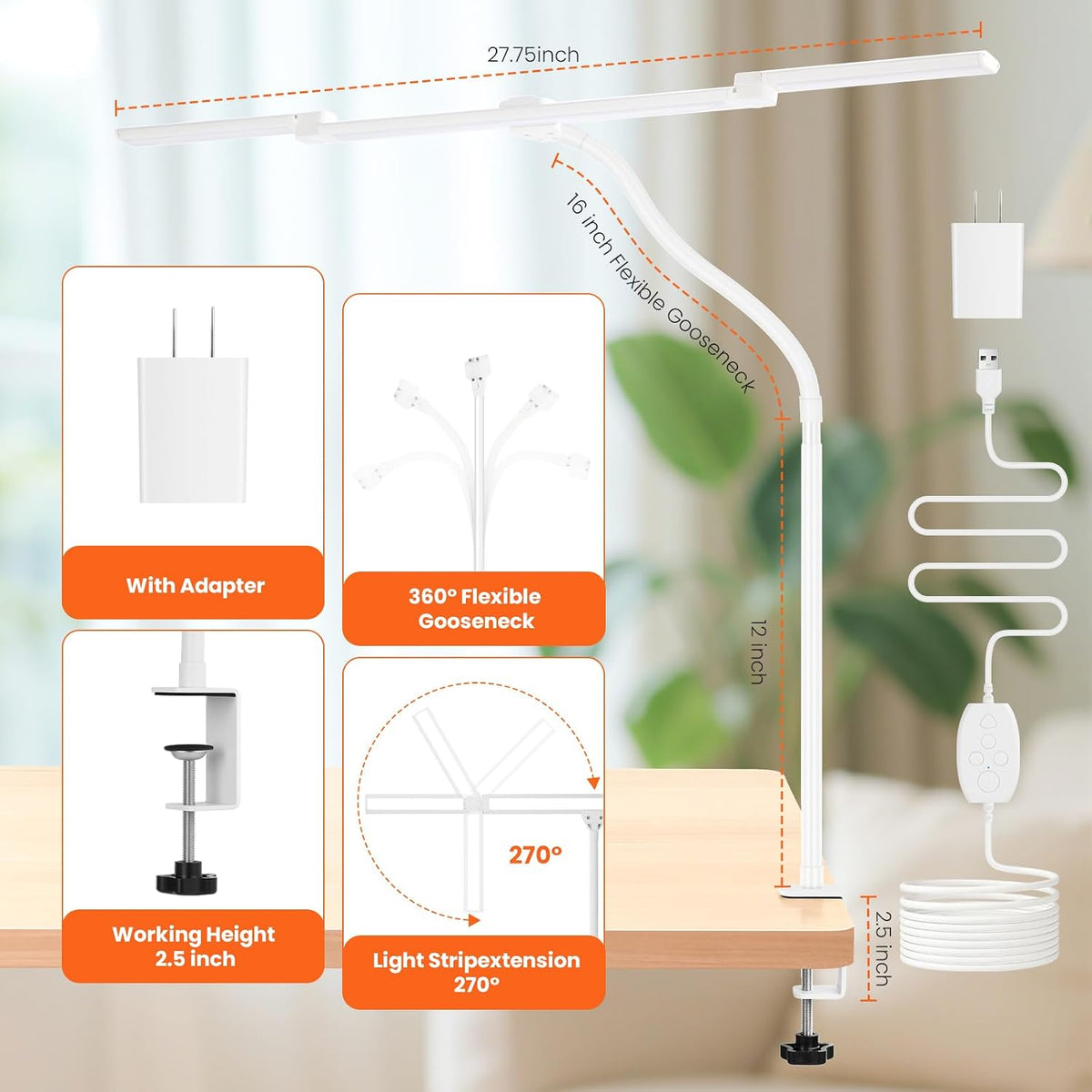 LED Desk Lamp for Office Home, 3 Head Adjustable Desk Light with Adapter