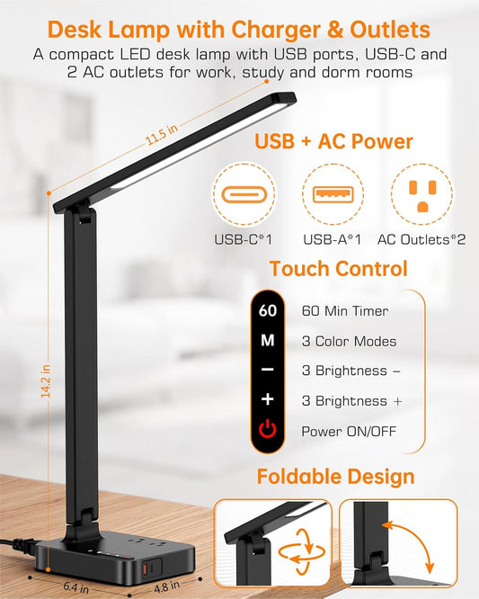 LED Desk Lamp with USB Charging Port for Dorm Office, 800lm, CRI 92, Black