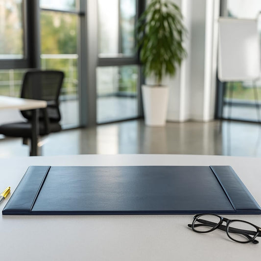 Bonded Pad with Side Rails Luxury Leather Desk Blotter for Writing, 30 x 18 (Navy Blue)
