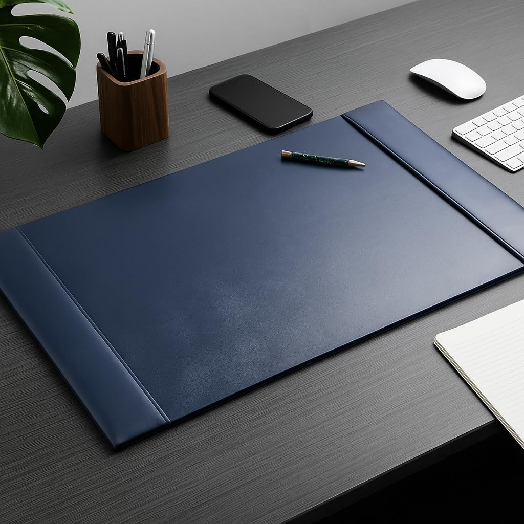 Bonded Pad with Side Rails Luxury Leather Desk Blotter for Writing, 30 x 18 (Navy Blue)