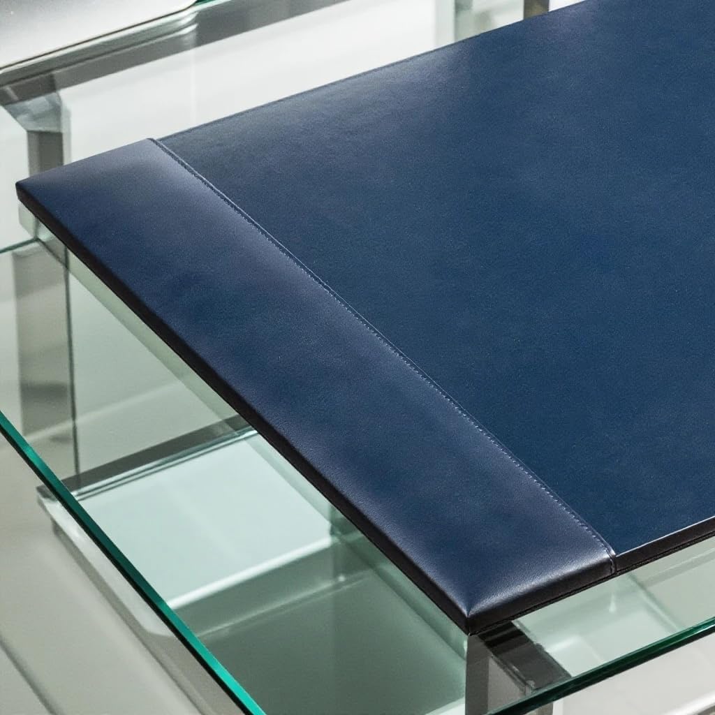 Bonded Pad with Side Rails Luxury Leather Desk Blotter for Writing, 30 x 18 (Navy Blue)