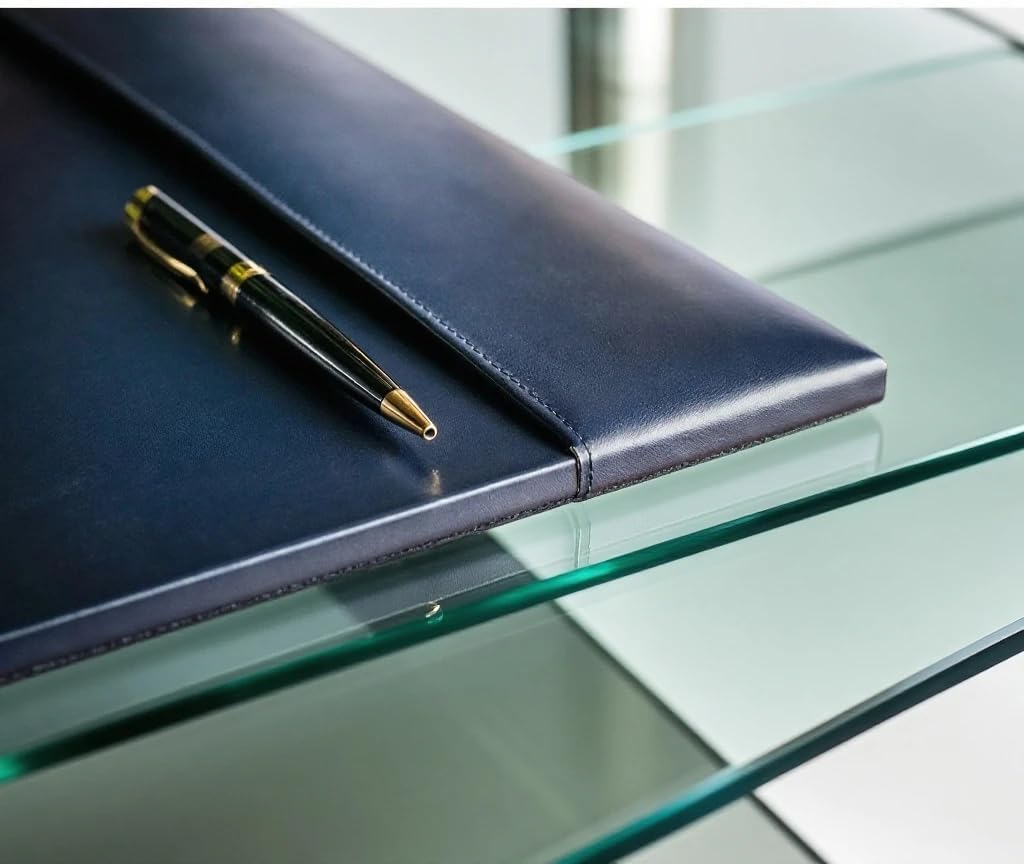 Bonded Pad with Side Rails Luxury Leather Desk Blotter for Writing, 30 x 18 (Navy Blue)