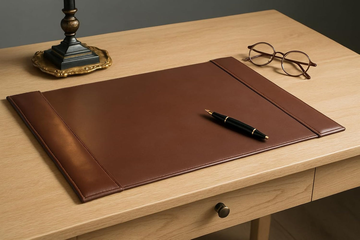 Bonded Pad with Side Rails Luxury Leather Desk Blotter for Writing, 30 x 18 (Navy Blue)