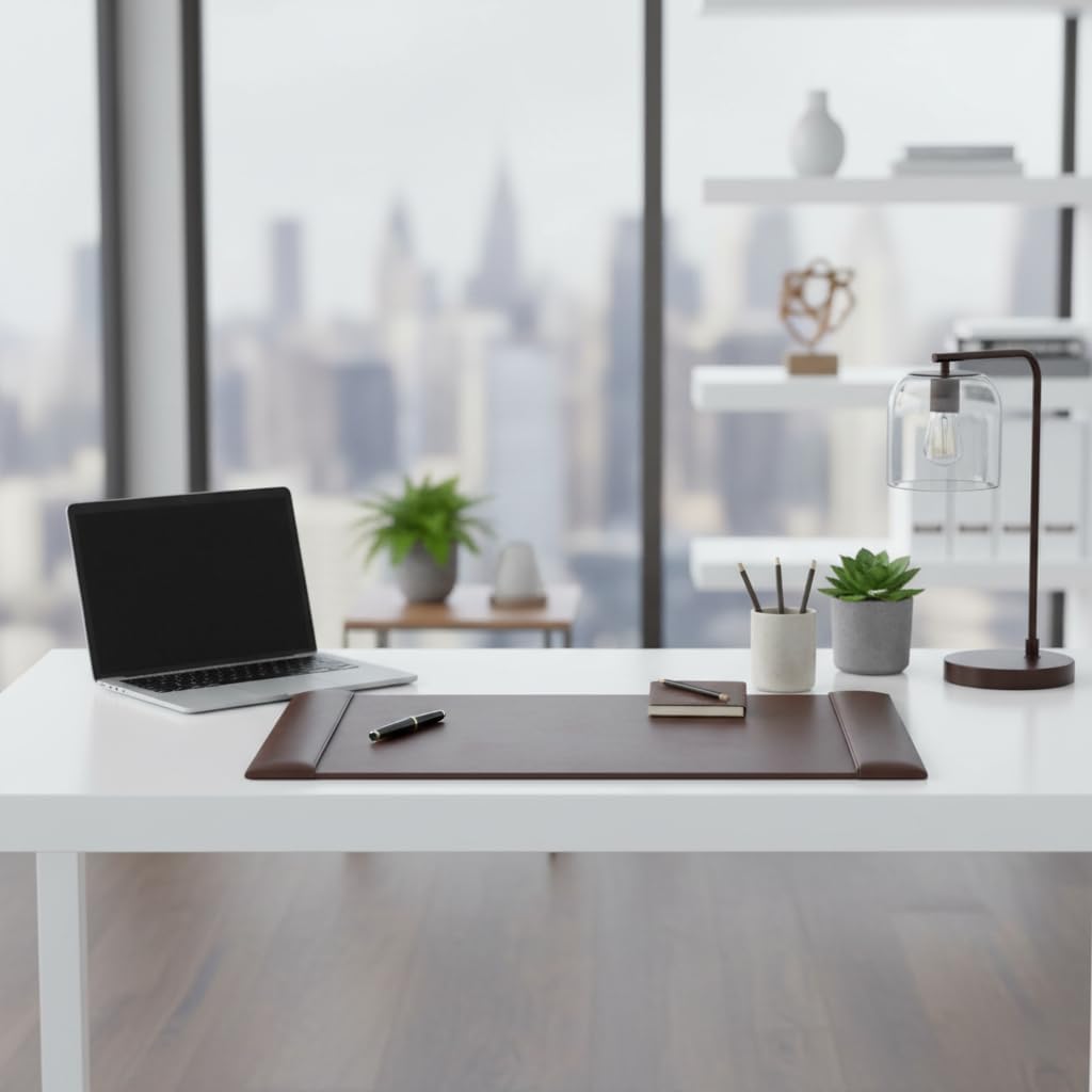 Bonded Pad with Side Rails Luxury Leather Desk Blotter for Writing, 30 x 18 (Navy Blue)