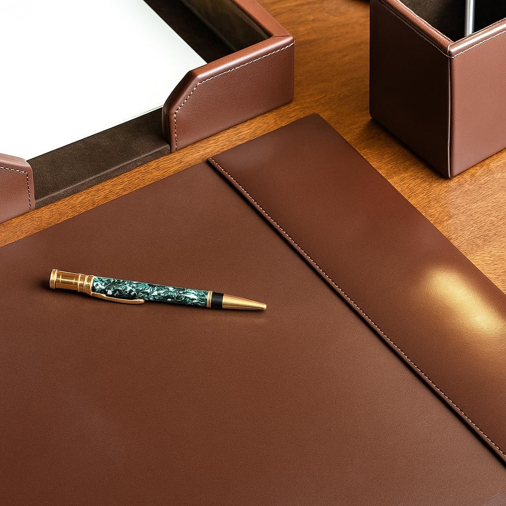 Bonded Pad with Side Rails Luxury Leather Desk Blotter for Writing, 30 x 18 (Navy Blue)