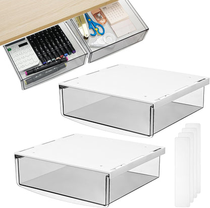 2 Pack Self-adhesive Under Desk Drawer, Hidden Slide Out Organizer Tray, Plastic Under Table Attachable Hidden Storage Organizer for Office Home School Kitchen Sewing Table