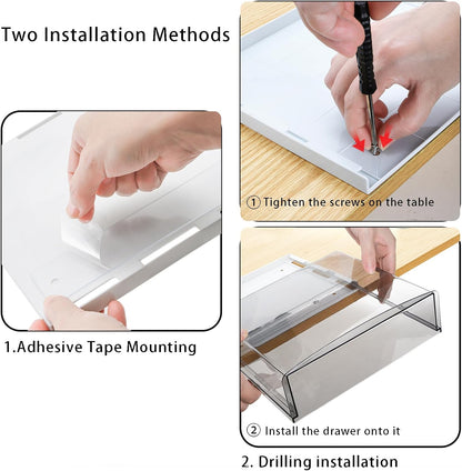 2 Pack Self-adhesive Under Desk Drawer, Hidden Slide Out Organizer Tray, Plastic Under Table Attachable Hidden Storage Organizer for Office Home School Kitchen Sewing Table