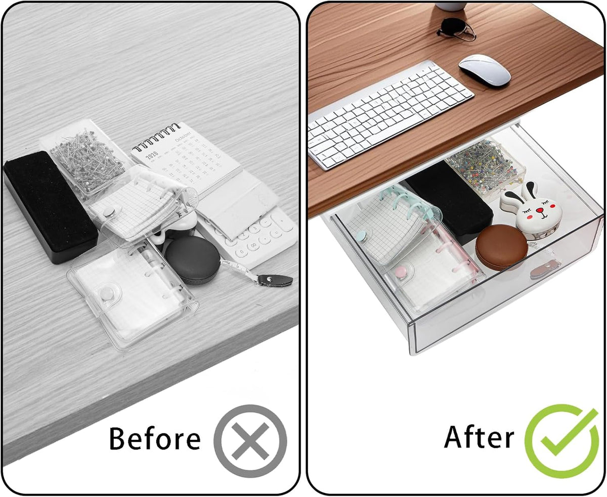 2 Pack Self-adhesive Under Desk Drawer, Hidden Slide Out Organizer Tray, Plastic Under Table Attachable Hidden Storage Organizer for Office Home School Kitchen Sewing Table