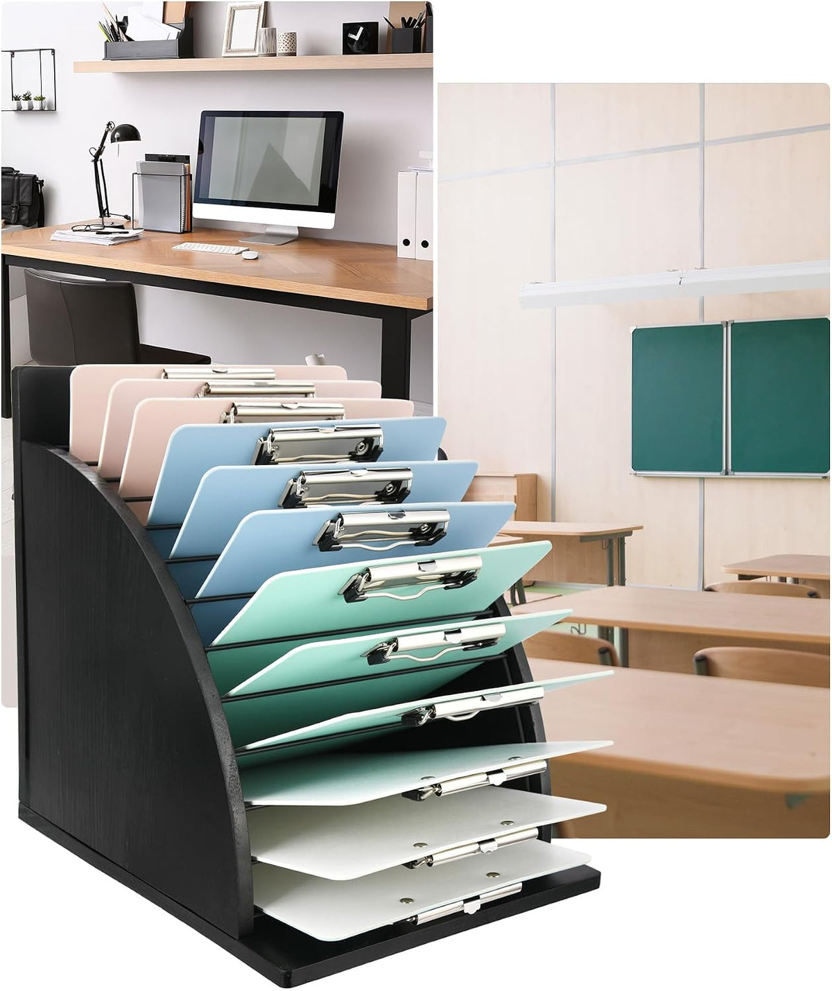 Clipboard Holder, Wooden Clipboard Organizer Storage with 12 Slots