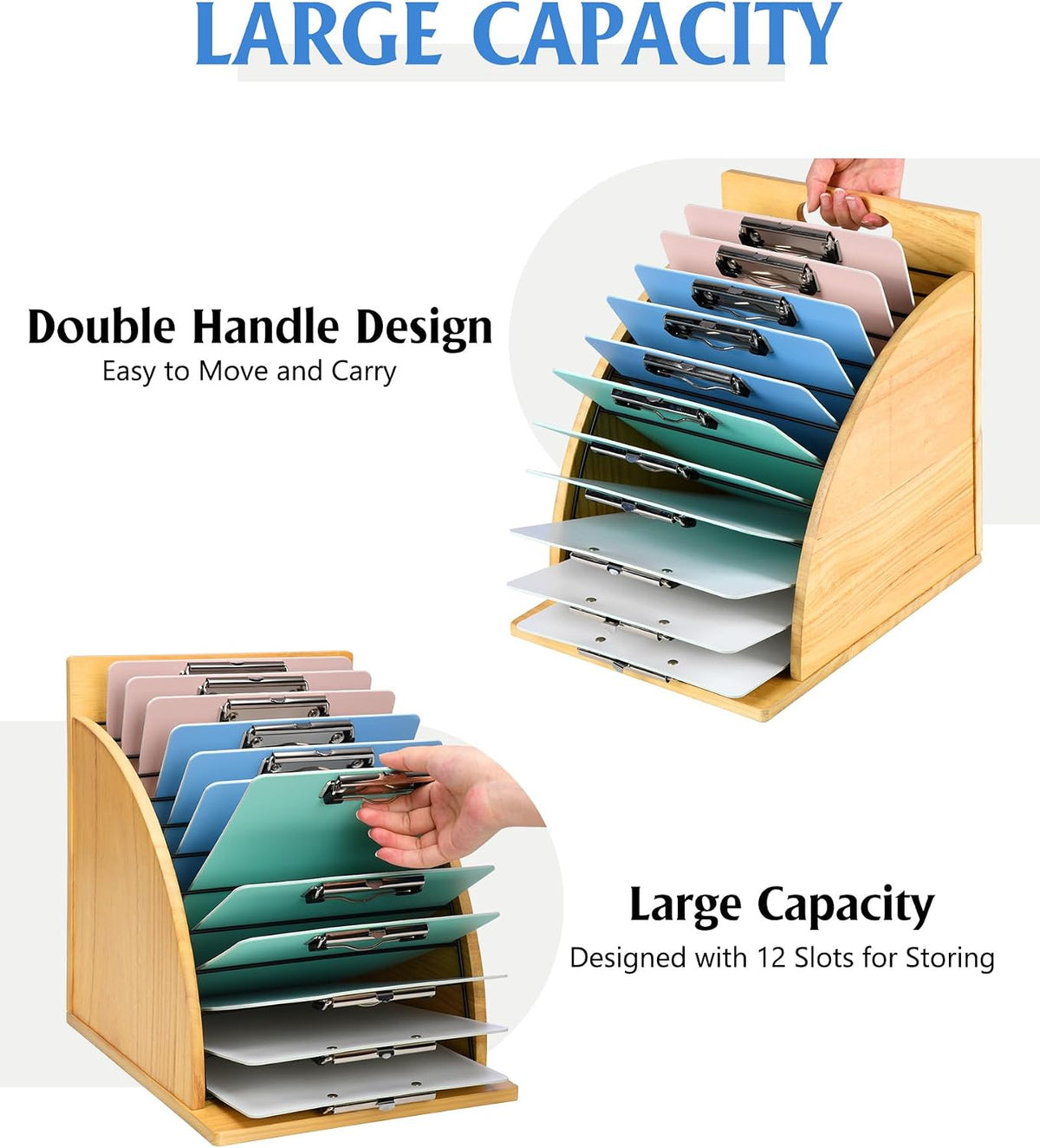 Clipboard Holder, Wooden Clipboard Organizer Storage with 12 Slots