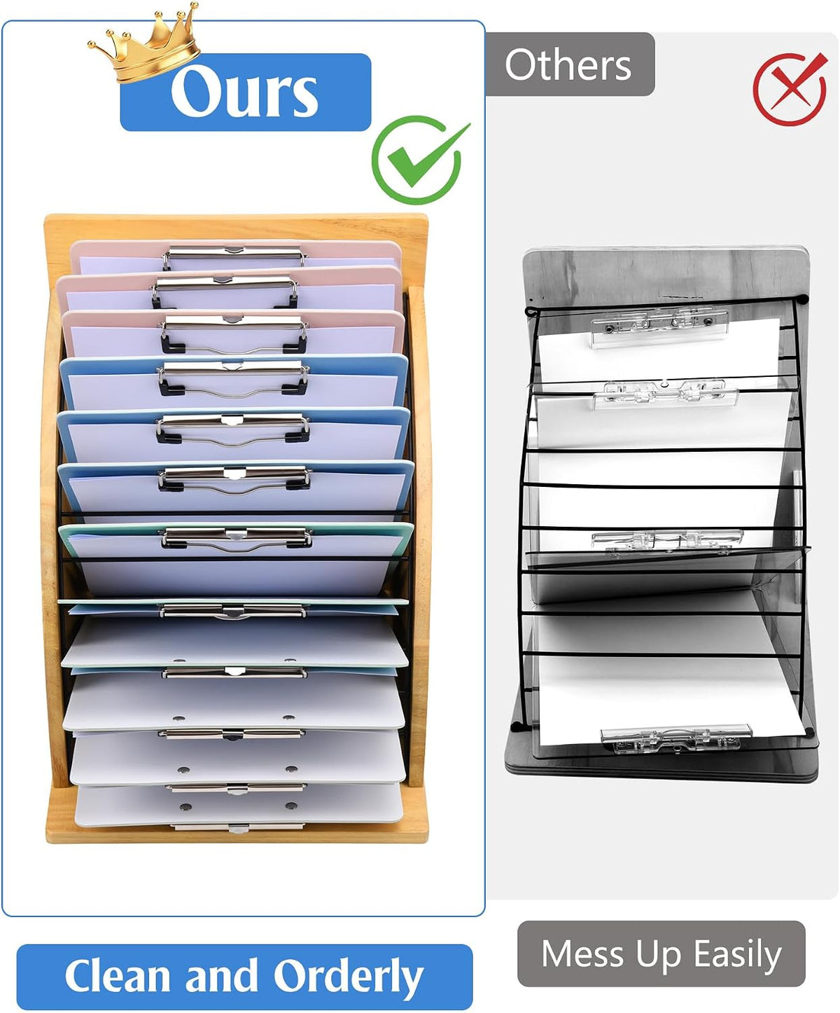 Clipboard Holder, Wooden Clipboard Organizer Storage with 12 Slots