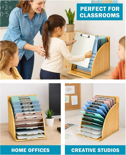 Clipboard Holder, Wooden Clipboard Organizer Storage with 12 Slots