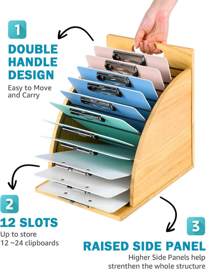 Clipboard Holder, Wooden Clipboard Organizer Storage with 12 Slots