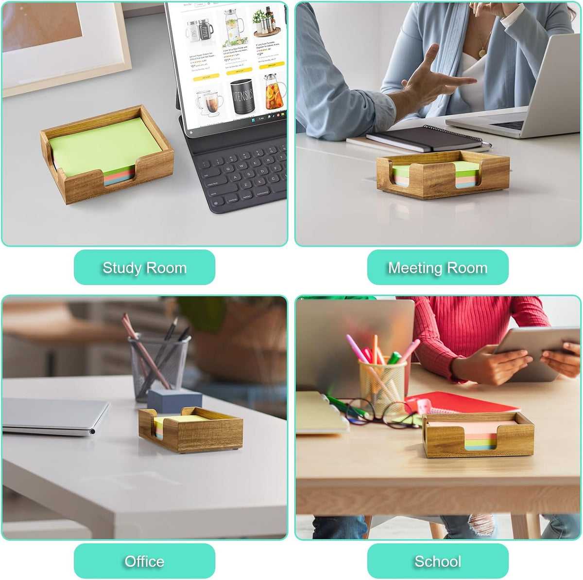 Wood Sticky Note Holder, 3 x 3 Inch Post It Note Dispenser for Office Desk Accessories, Self Stick Note Pad Holder, Memo Pad Holder Dispenser Organizer for School Office Desk Supplies, Black