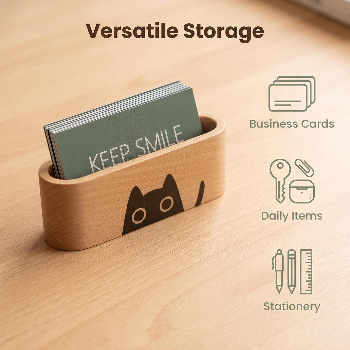 Natural Wooden Name Card Holder Wood Business Card Holder Office Desktop Card Display Stands Cat Pattern Cute