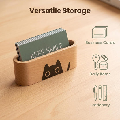 Natural Wooden Name Card Holder Wood Business Card Holder Office Desktop Card Display Stands Cat Pattern Cute