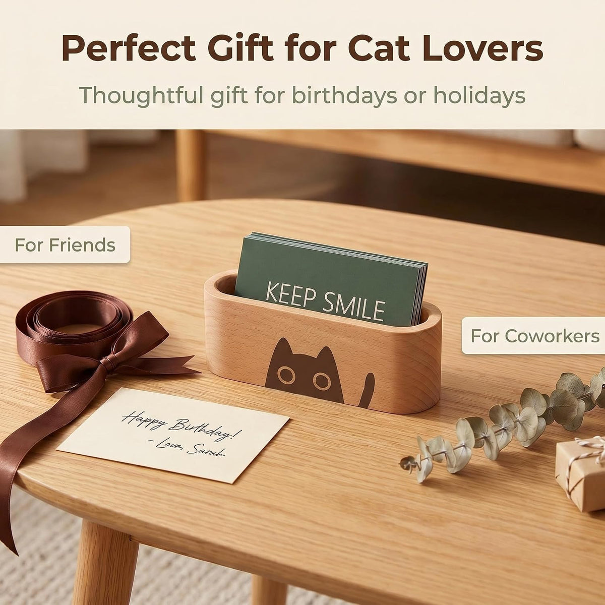 Natural Wooden Name Card Holder Wood Business Card Holder Office Desktop Card Display Stands Cat Pattern Cute