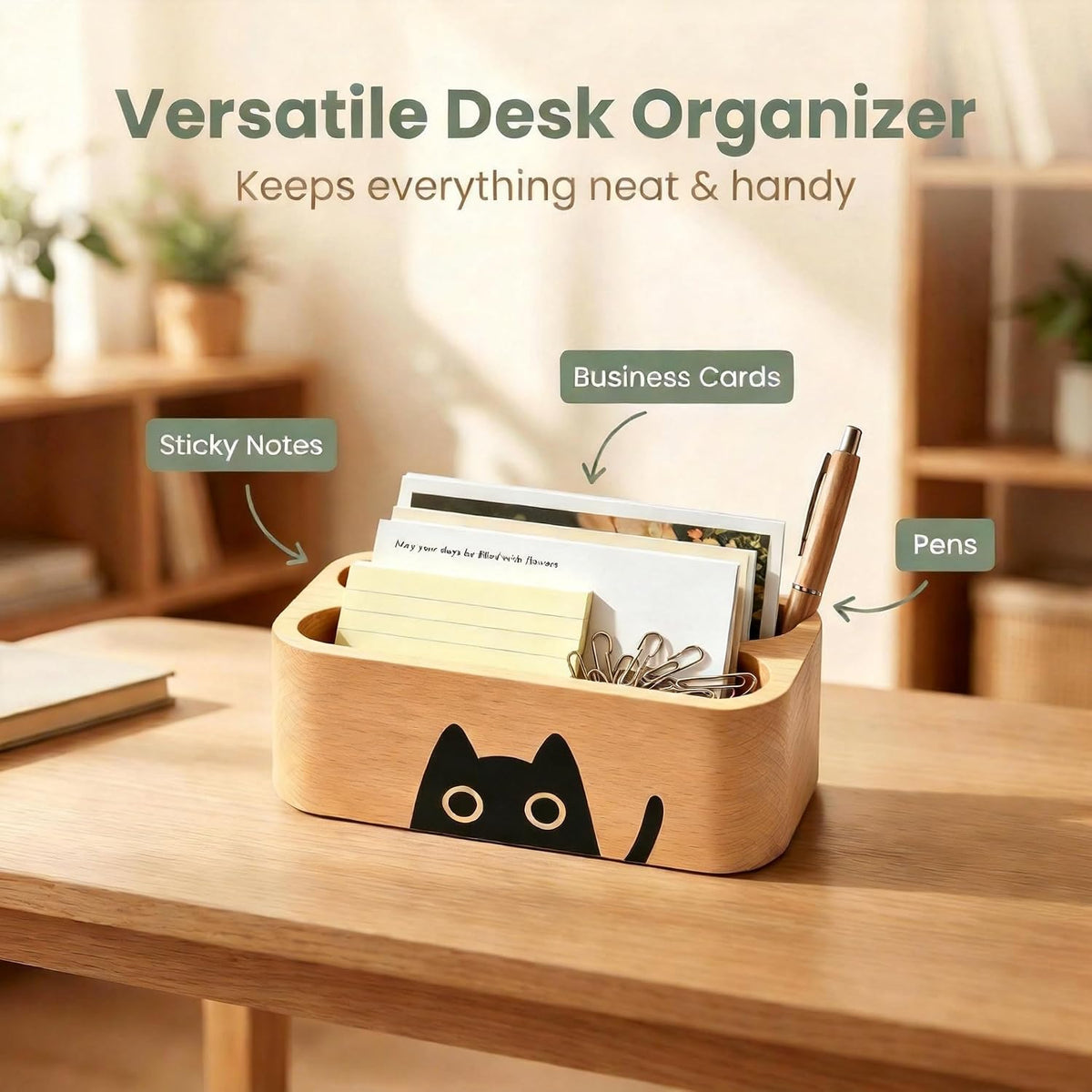 Natural Wooden Name Card Holder Wood Business Card Holder Office Desktop Card Display Stands Cat Pattern Cute