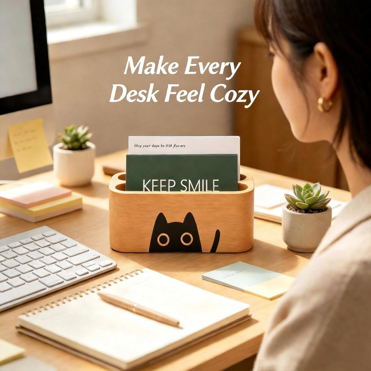 Natural Wooden Name Card Holder Wood Business Card Holder Office Desktop Card Display Stands Cat Pattern Cute