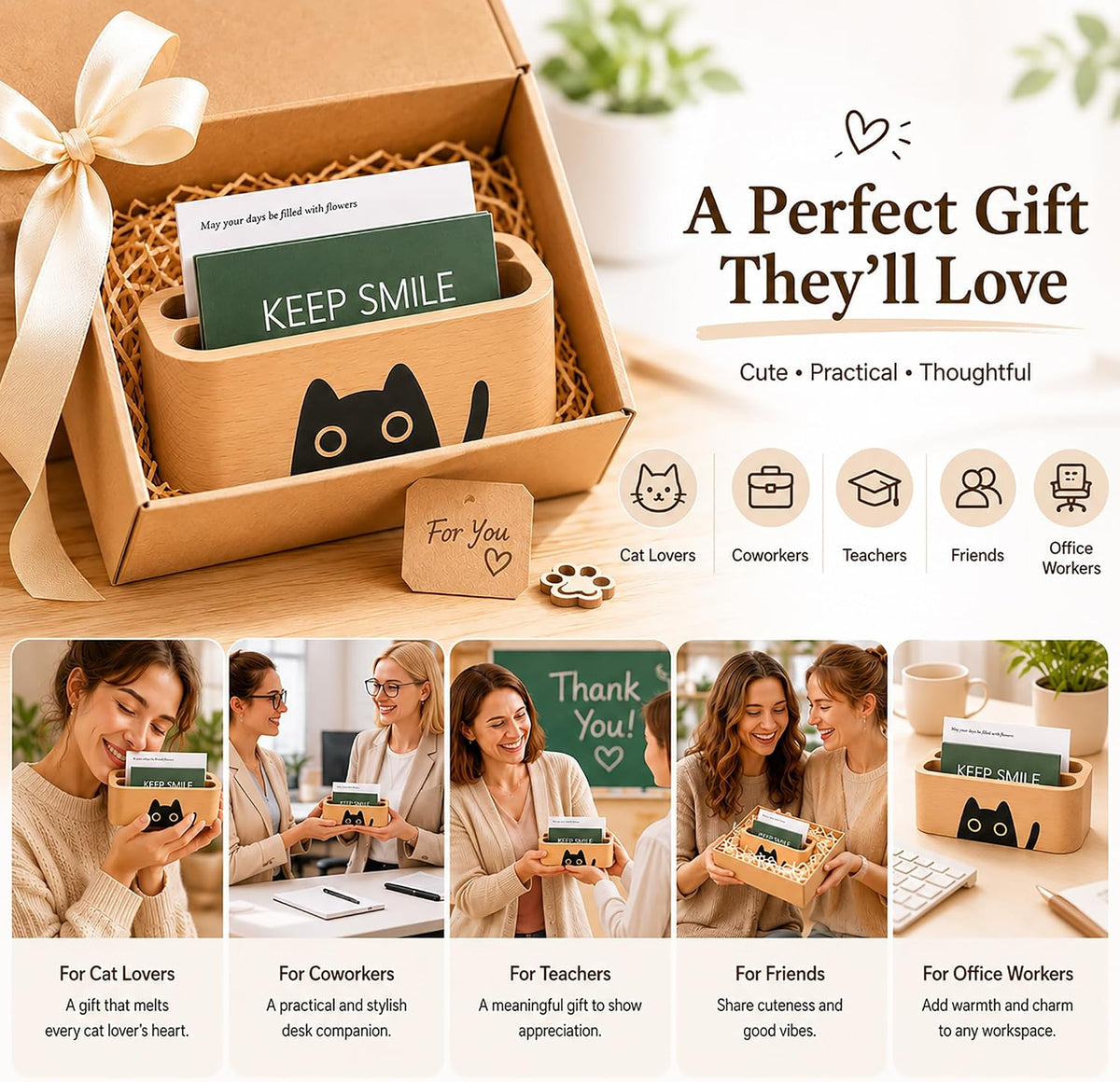Natural Wooden Name Card Holder Wood Business Card Holder Office Desktop Card Display Stands Cat Pattern Cute