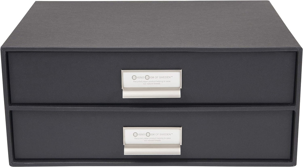 Box of Sweden Birger 2-Drawer Fiberboard Label Frame Document Letter Box | Desktop Drawers for Loose Papers, Documents & More with Metal Label Holder | 13.1" x 10" x 5.7" | White