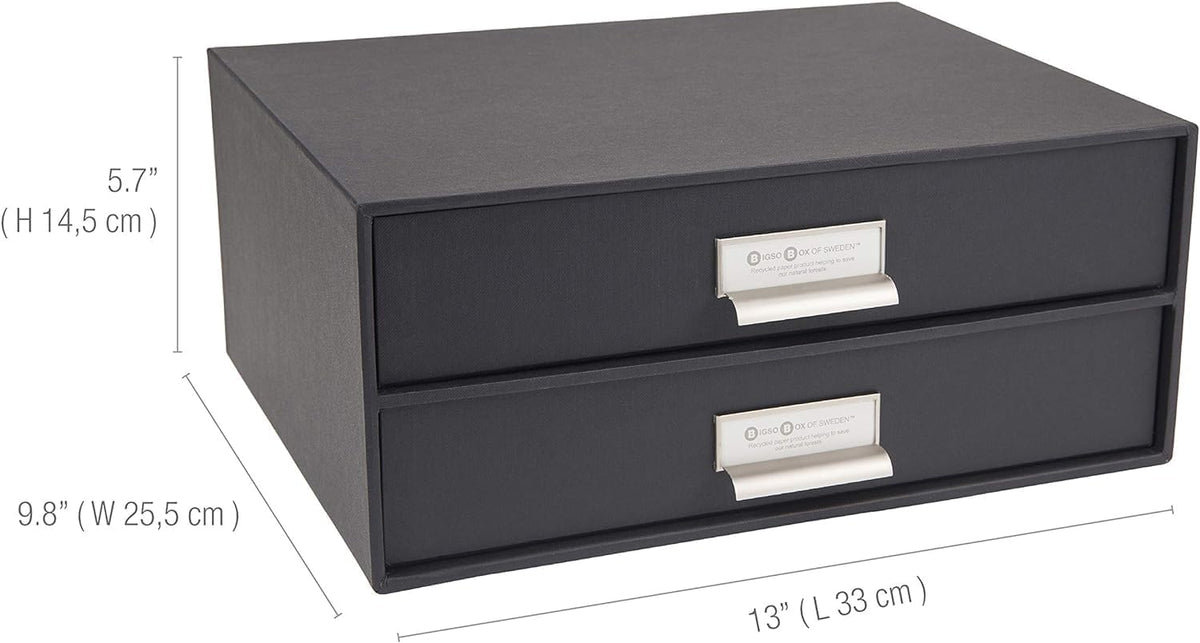 Box of Sweden Birger 2-Drawer Fiberboard Label Frame Document Letter Box | Desktop Drawers for Loose Papers, Documents & More with Metal Label Holder | 13.1" x 10" x 5.7" | White