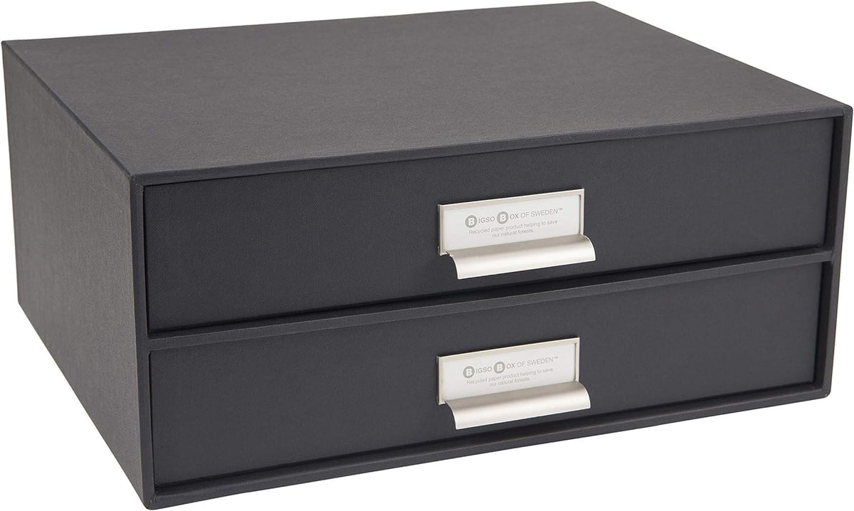 Box of Sweden Birger 2-Drawer Fiberboard Label Frame Document Letter Box | Desktop Drawers for Loose Papers, Documents & More with Metal Label Holder | 13.1" x 10" x 5.7" | White