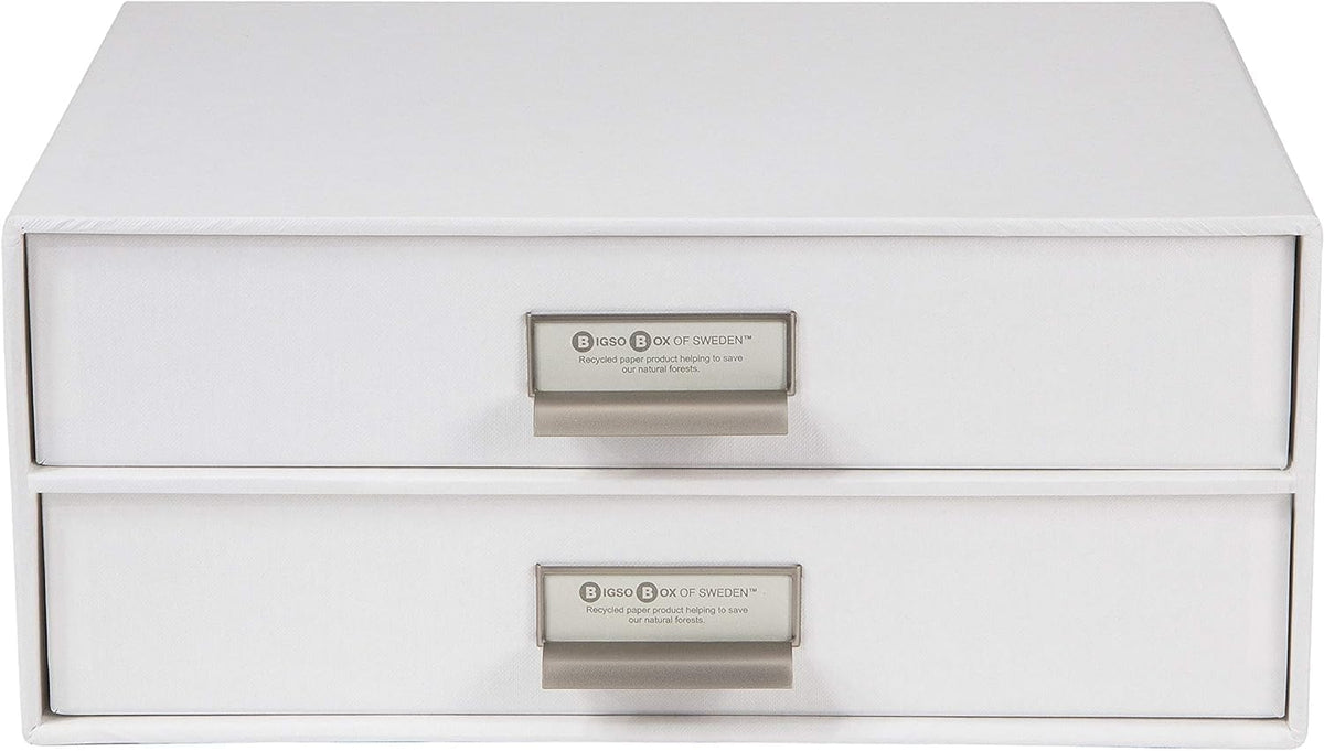 Box of Sweden Birger 2-Drawer Fiberboard Label Frame Document Letter Box | Desktop Drawers for Loose Papers, Documents & More with Metal Label Holder | 13.1" x 10" x 5.7" | White