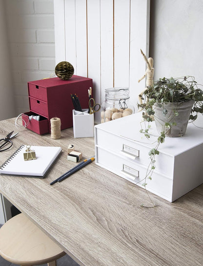 Box of Sweden Birger 2-Drawer Fiberboard Label Frame Document Letter Box | Desktop Drawers for Loose Papers, Documents & More with Metal Label Holder | 13.1" x 10" x 5.7" | White