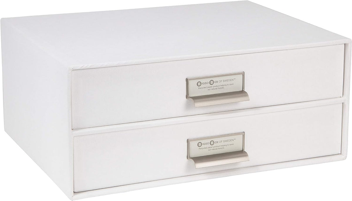 Box of Sweden Birger 2-Drawer Fiberboard Label Frame Document Letter Box | Desktop Drawers for Loose Papers, Documents & More with Metal Label Holder | 13.1" x 10" x 5.7" | White