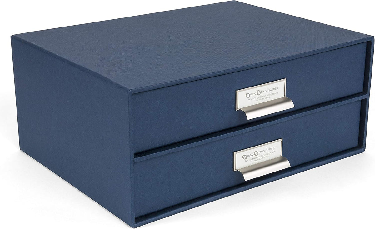 Box of Sweden Birger 2-Drawer Fiberboard Label Frame Document Letter Box | Desktop Drawers for Loose Papers, Documents & More with Metal Label Holder | 13.1" x 10" x 5.7" | White